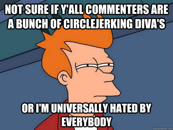 Not sure if y'all commenters are a bunch of circlejerking diva's or I'm universally hated by everybody   Futurama Fry