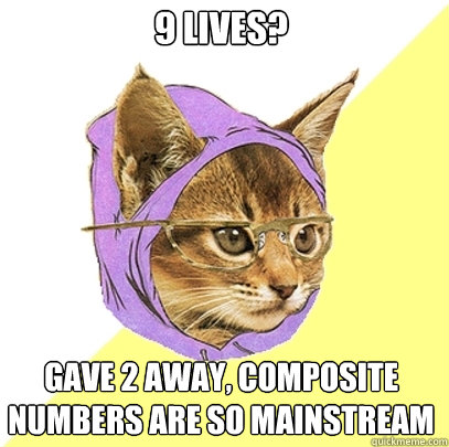 9 lives? gave 2 away, composite numbers are so mainstream  Hipster Kitty