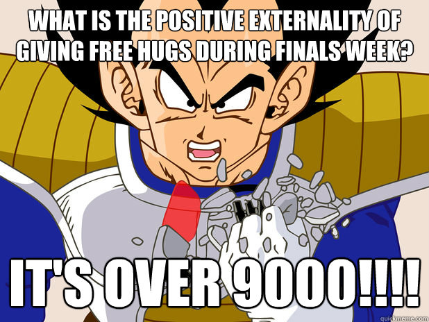 what is the positive externality of giving free hugs during finals week? it's over 9000!!!!  Over 9000