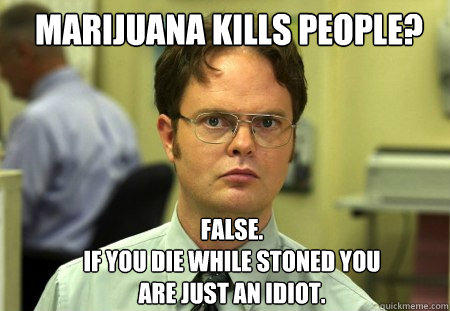 marijuana kills people? FALSE.  
if you die while stoned you are just an idiot.   