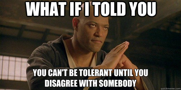 what if i told you you can't be tolerant until you 
disagree with somebody  