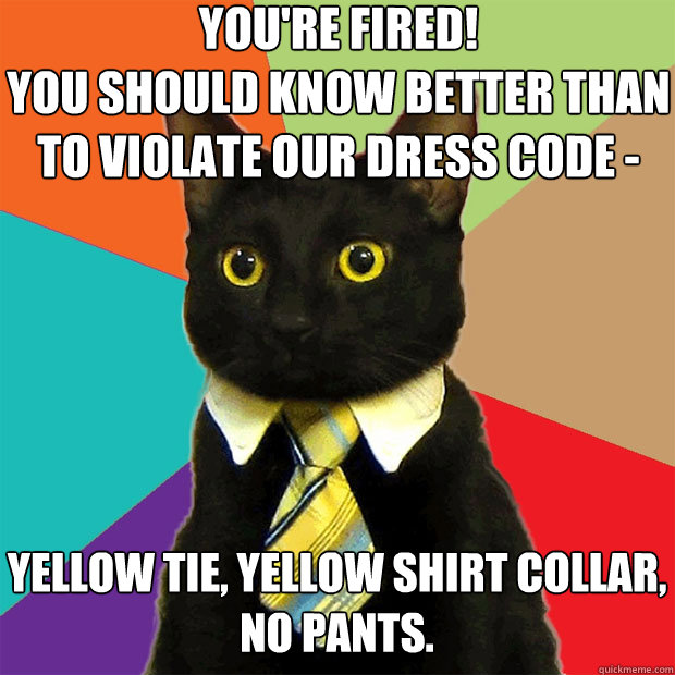 You're fired!
you should know better than to violate our dress code - Yellow tie, yellow shirt collar, no pants.  Business Cat