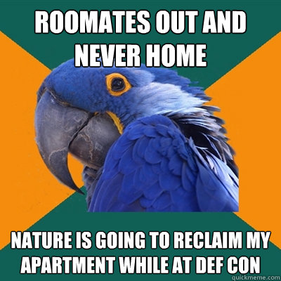 roomates out and never home nature is going to reclaim my apartment while at def con  Paranoid Parrot