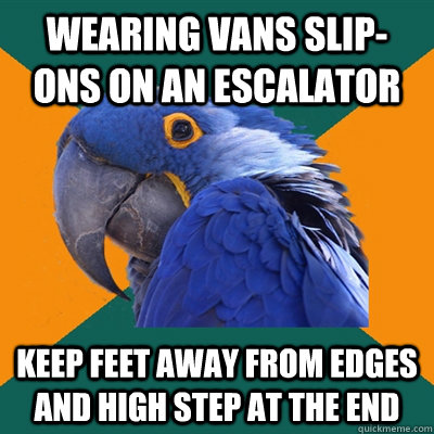 Wearing vans slip-ons on an escalator keep feet away from edges and high step at the end  Paranoid Parrot