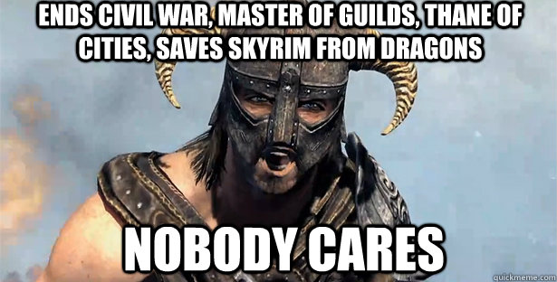 ends civil war, master of guilds, thane of cities, saves skyrim from dragons nobody cares  skyrim