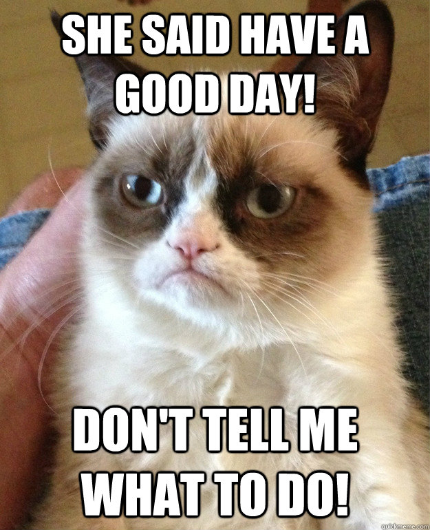 She said have a good day! Don't tell me what to do!  Grumpy Cat