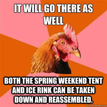 It will go there as well Both the Spring weekend tent and ice rink can be taken down and reassembled.  Anti-Joke Chicken