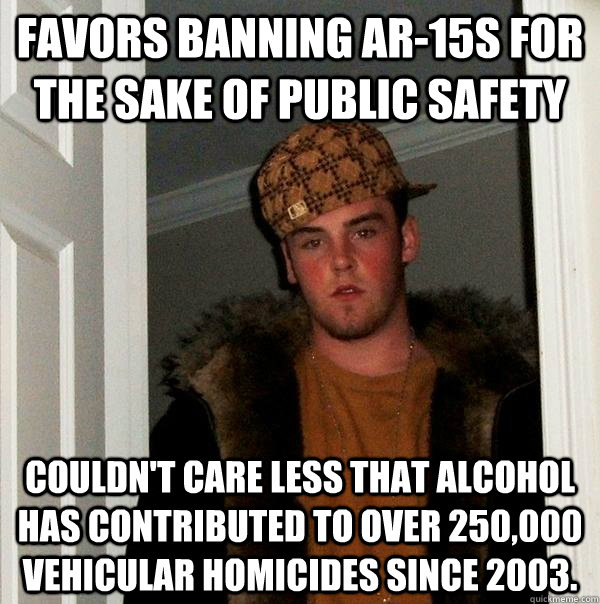 Favors banning AR-15s for the sake of public safety Couldn't care less that alcohol has contributed to over 250,000 vehicular homicides since 2003.  Scumbag Steve