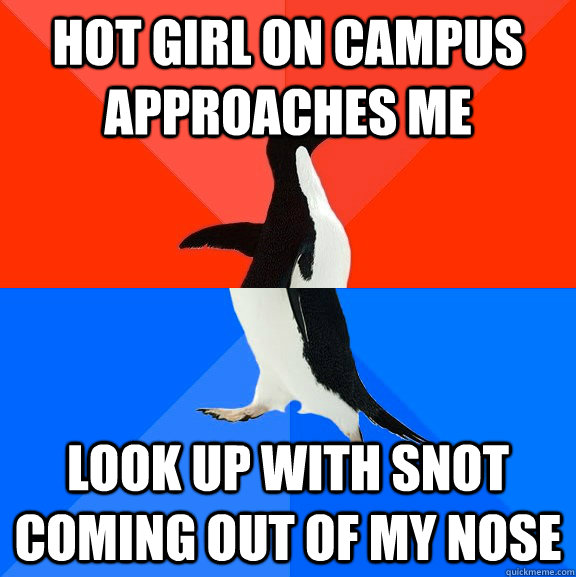 Hot Girl on campus approaches me Look up with snot coming out of my nose - Hot Girl on campus approaches me Look up with snot coming out of my nose  Socially Awesome Awkward Penguin