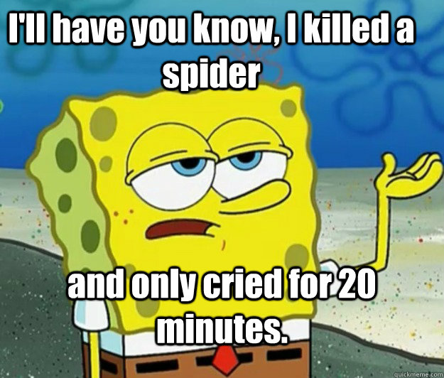 I'll have you know, I killed a spider and only cried for 20 minutes. - I'll have you know, I killed a spider and only cried for 20 minutes.  How tough am I