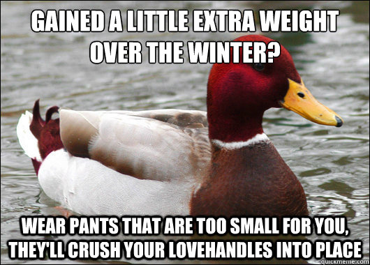 Gained a little extra weight over the winter?
 wear pants that are too small for you, they'll crush your lovehandles into place  Malicious Advice Mallard