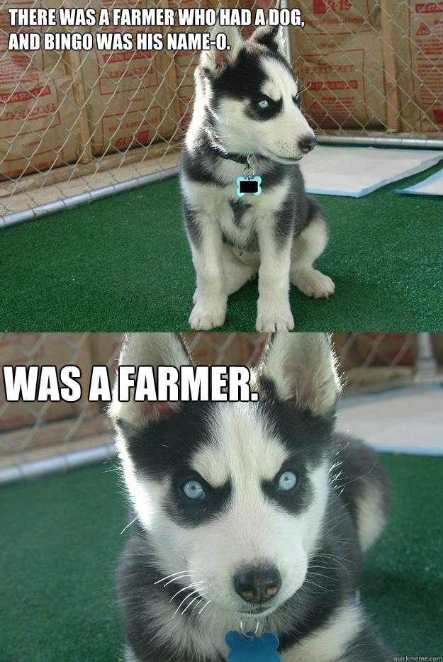 There was a farmer who had a dog,
And Bingo was his name-O. Was a farmer.  Insanity puppy