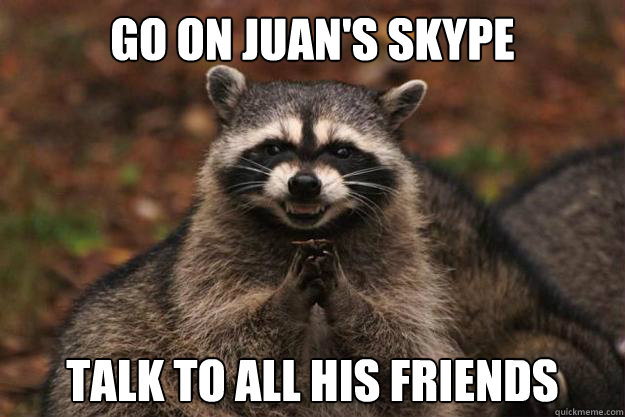 Go on juan's skype talk to all his friends   Evil Plotting Raccoon