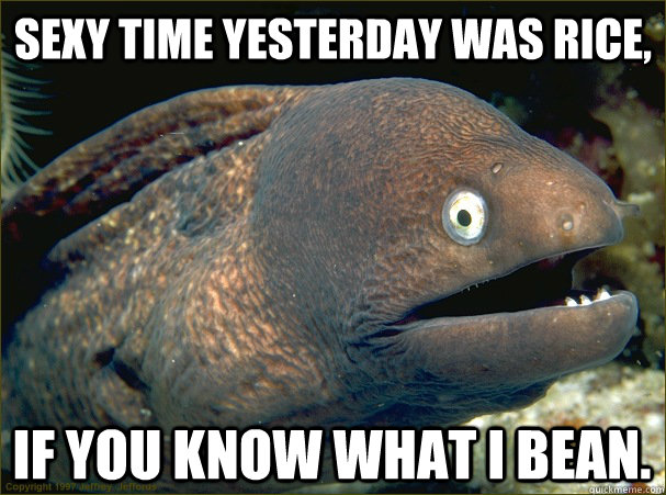 Sexy time yesterday was rice, if you know what i bean. - Sexy time yesterday was rice, if you know what i bean.  Bad Joke Eel