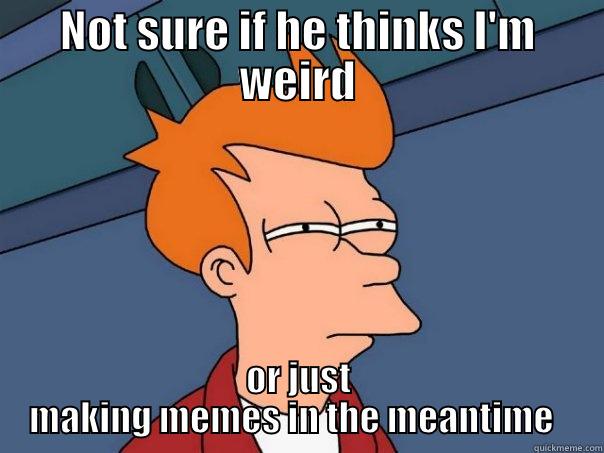 NOT SURE IF HE THINKS I'M WEIRD OR JUST MAKING MEMES IN THE MEANTIME   Futurama Fry