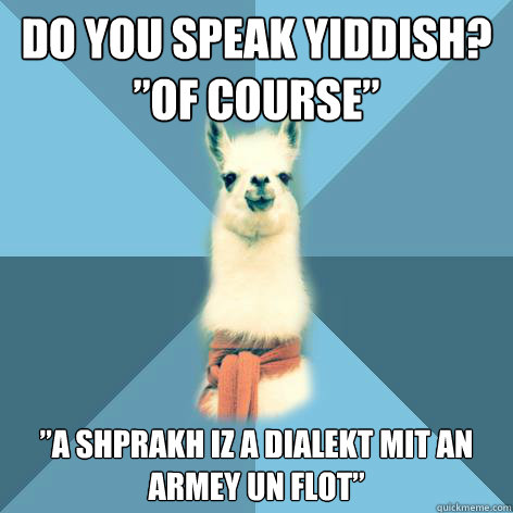 Do you speak Yiddish? ”Of course” ”a shprakh iz a dialekt mit an armey un flot”
  Linguist Llama