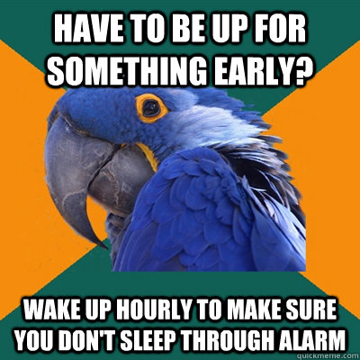 Have to be up for something early? Wake up hourly to make sure you don't sleep through alarm - Have to be up for something early? Wake up hourly to make sure you don't sleep through alarm  Paranoid Parrot