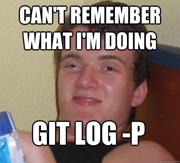 can't remember what i'm doing git log -p  10 Guy