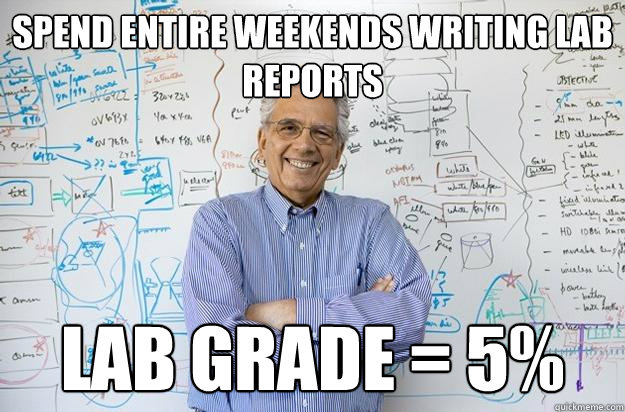 Spend entire weekends writing lab reports lab grade = 5% - Spend entire weekends writing lab reports lab grade = 5%  Engineering Professor