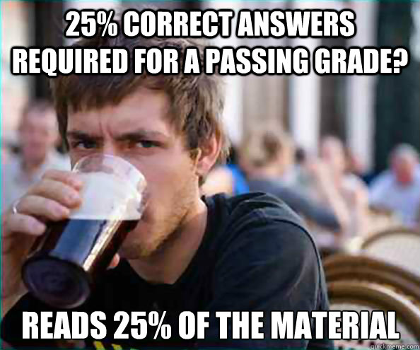 25% correct answers required for a passing grade? reads 25% of the material  Lazy College Senior