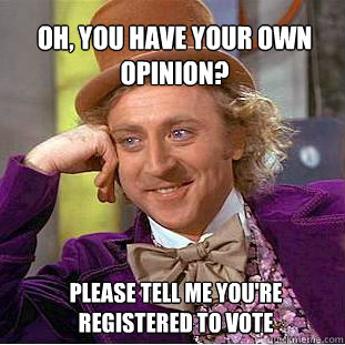 oh, you have your own opinion? please tell me you're registered to vote  Willy Wonka Meme