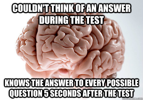 Couldn't think of an answer during the test Knows the answer to every possible question 5 seconds after the test  Scumbag Brain