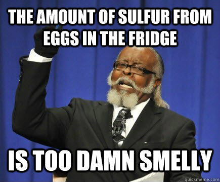 The amount of sulfur from eggs in the fridge is too damn smelly  Too Damn High