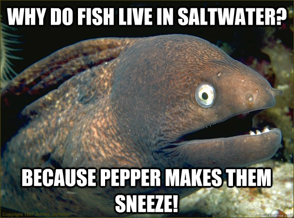 Why do fish live in saltwater? Because pepper makes them sneeze!  Bad Joke Eel