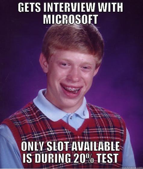 GETS INTERVIEW WITH MICROSOFT ONLY SLOT AVAILABLE IS DURING 20% TEST Bad Luck Brian