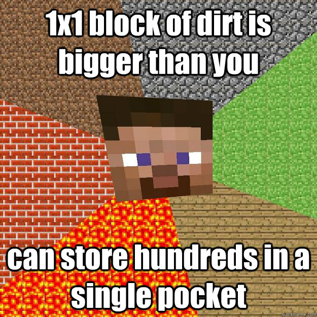 1x1 block of dirt is bigger than you can store hundreds in a single pocket  Minecraft