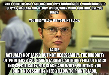 Inkjet printers use a subtractive CMYK colour model, which consists of Cyan, Magenta and Yellow, which, when mixed together give you Black. 

You need yellow ink to print black. False.
 actually not false. but not necessarily. the majority of  printers al  Dwight