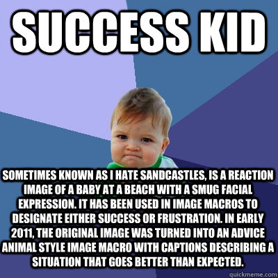 success kid sometimes known as I Hate Sandcastles, is a reaction image of a baby at a beach with a smug facial expression. It has been used in image macros to designate either success or frustration. In early 2011, the original image was turned into an ad  Success Kid