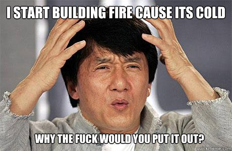 I start building fire cause its cold Why the fuck would you put it out?  EPIC JACKIE CHAN