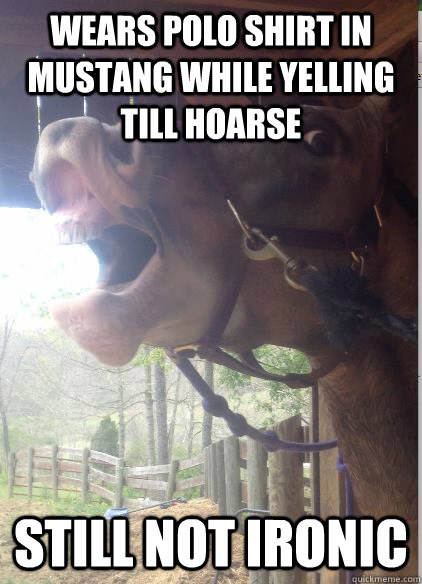 WEARS POLO SHIRT IN MUSTANG WHILE YELLING TILL HOARSE STILL NOT IRONIC - WEARS POLO SHIRT IN MUSTANG WHILE YELLING TILL HOARSE STILL NOT IRONIC  Lame Horse Jokes