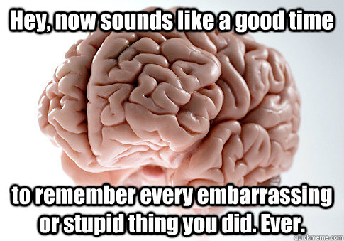 Hey, now sounds like a good time to remember every embarrassing or stupid thing you did. Ever.   Scumbag Brain