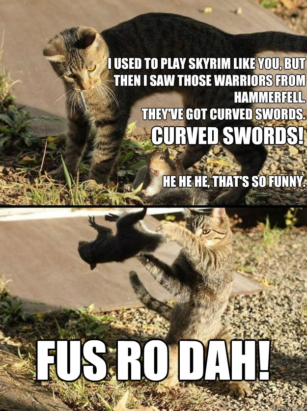 I used to play skyrim like you, but then I saw those warriors from Hammerfell. 
They've got curved swords.



HE HE HE, that's so funny. FUS RO DAH! Curved Swords!  Annoying Squirrel