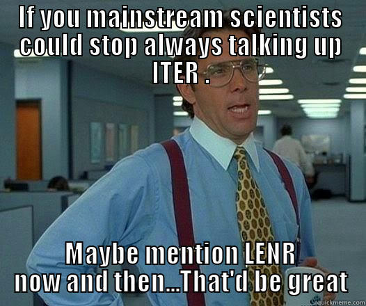 IF YOU MAINSTREAM SCIENTISTS COULD STOP ALWAYS TALKING UP ITER . MAYBE MENTION LENR NOW AND THEN...THAT'D BE GREAT Office Space Lumbergh