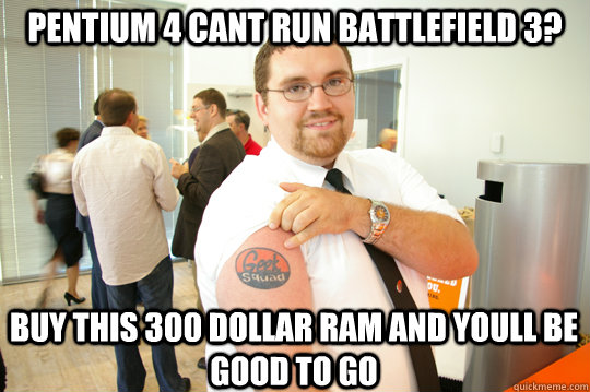 Pentium 4 cant run battlefield 3? buy this 300 dollar ram and youll be good to go  GeekSquad Gus