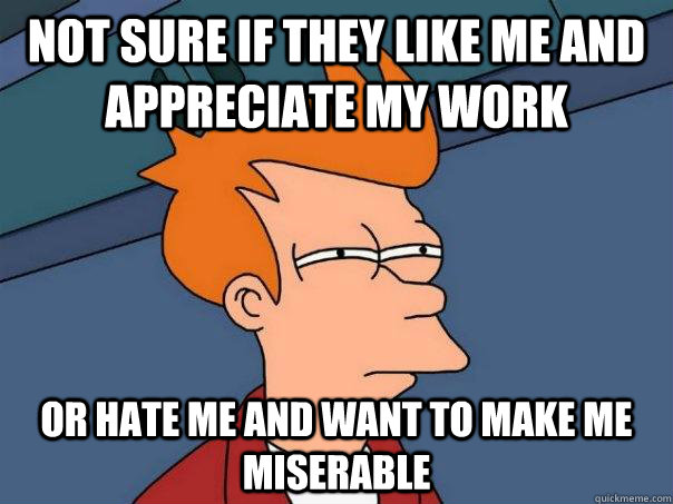 not sure if they like me and appreciate my work or hate me and want to make me miserable  Futurama Fry