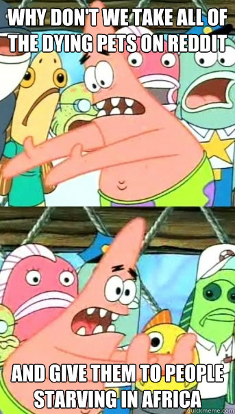 Why don't we take all of the dying pets on reddit and give them to people starving in africa  Push it somewhere else Patrick