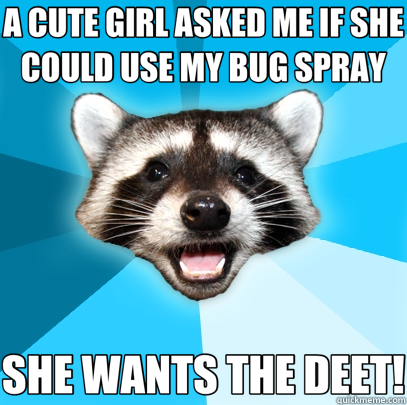 A CUTE GIRL ASKED ME IF SHE COULD USE MY BUG SPRAY SHE WANTS THE DEET!  Lame Pun Coon