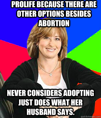 ProLife because there are other options besides abortion Never considers adopting just does what her husband says.  Sheltering Suburban Mom