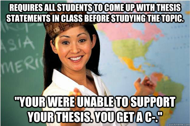 Requires all students to come up with thesis statements in class before studying the topic. 