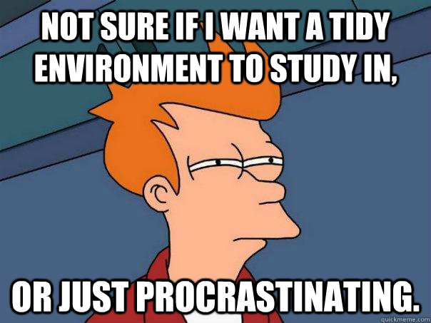 Not sure if I want a tidy environment to study in, Or just procrastinating.   Futurama Fry