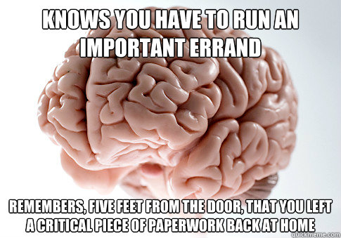 knows you have to run an important errand remembers, five feet from the door, that you left a critical piece of paperwork back at home  Scumbag Brain