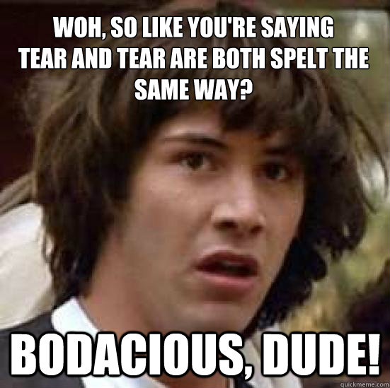 Woh, so like you're saying 
tear and tear are both spelt the same way?  Bodacious, dude!  conspiracy keanu