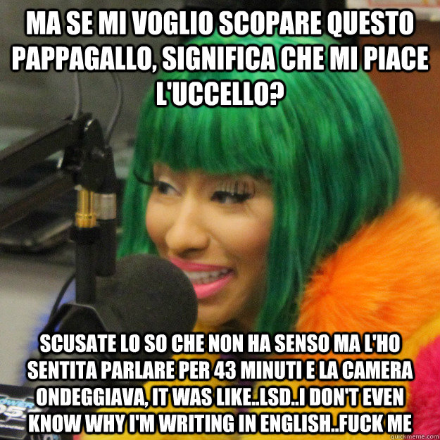 ma se mi voglio scopare questo pappagallo, significa che mi piace l'uccello? scusate lo so che non ha senso ma l'ho sentita parlare per 43 minuti e la camera ondeggiava, it was like..lsd..i don't even know why i'm writing in english..fuck me  Nicki Minaj