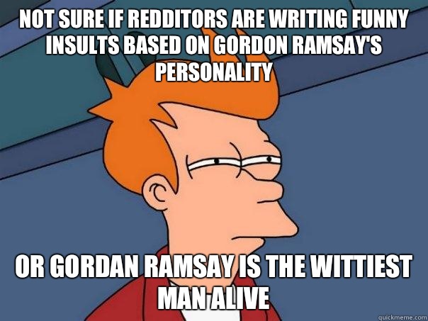 Not sure if redditors are writing funny insults based on Gordon Ramsay's personality Or Gordan Ramsay is the wittiest man alive  Futurama Fry