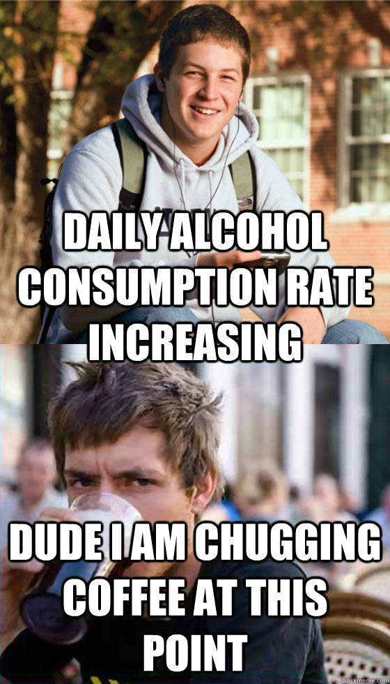 daily alcohol consumption rate increasing dude i am chugging coffee at this point  Freshman Senior