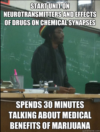 Start unit on neurotransmitters and effects of drugs on chemical synapses spends 30 minutes talking about medical benefits of marijuana  Rasta Science Teacher